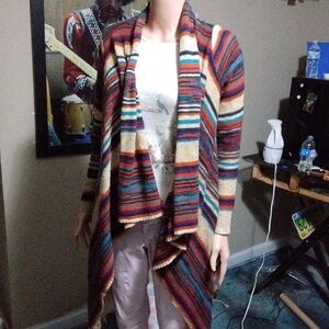 New directions Long Open Knitted Tasel Trim Cardigan